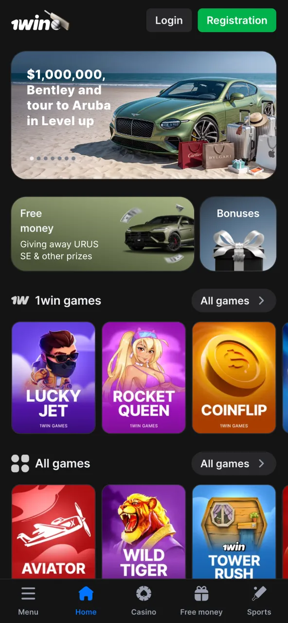 1win homepage with quick access to bets and games.