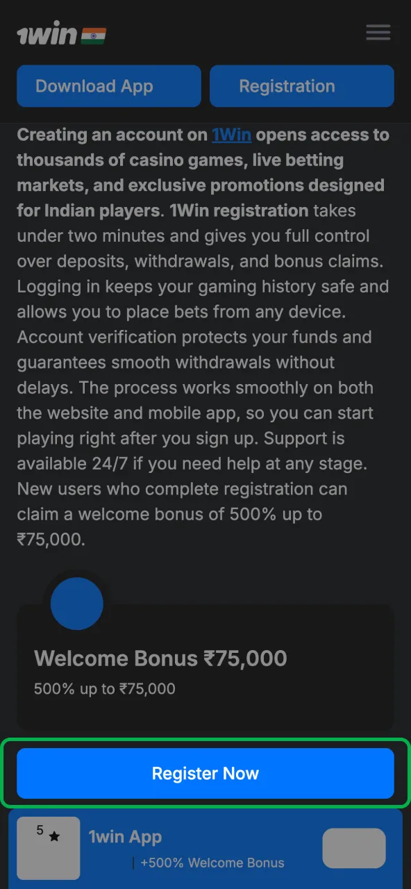 Access 1win account creation form through the registration button.