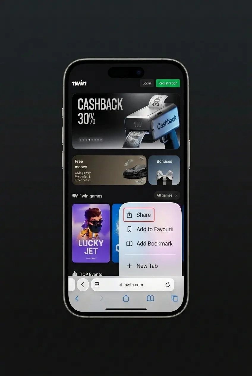 1Win iOS app download steps showing Safari Share button, Add to Home Screen option, and PWA icon installation process