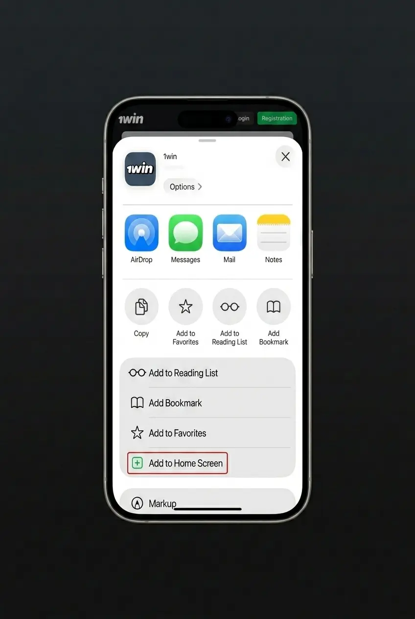 1Win iOS PWA installation steps showing Safari Share icon and Add to Home Screen process on iPhone