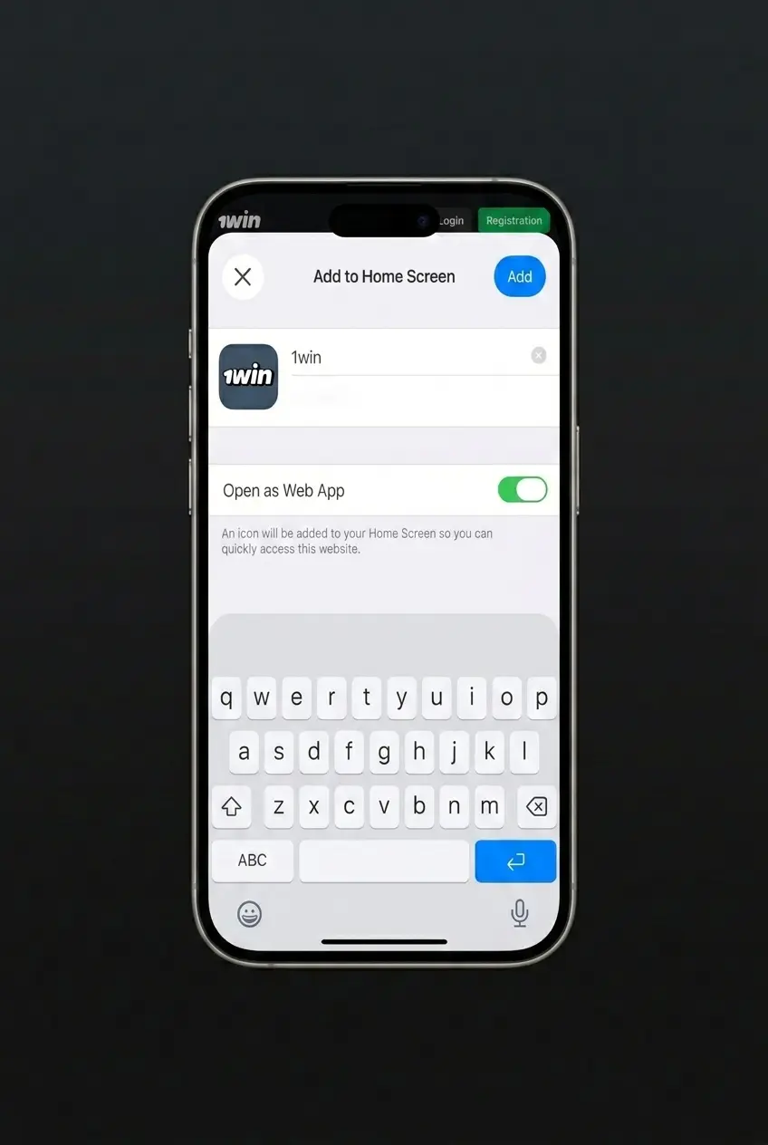 Step-by-step guide to download the 1Win PWA app on iOS via Safari browser on an iPhone home screen