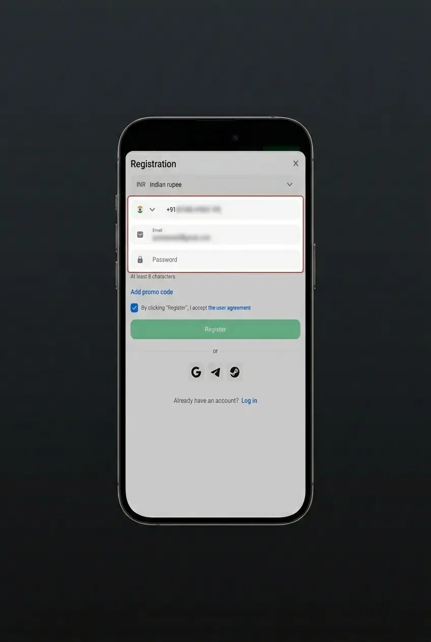 1Win app registration steps on mobile showing phone, email, and social sign-up options for Indian users in INR