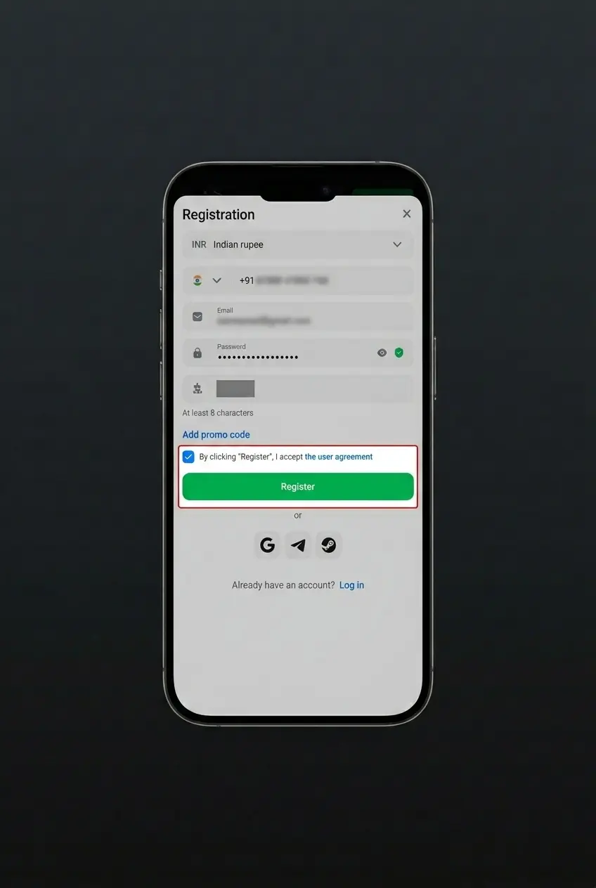 1Win app registration steps on mobile showing phone, email, and social sign-up options for Indian users in INR