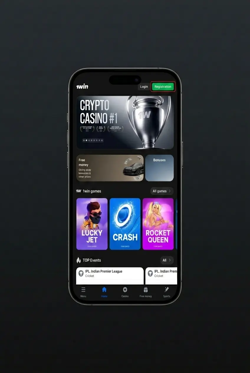 1Win app registration steps on mobile showing phone, email, and social sign-up options for Indian users in INR